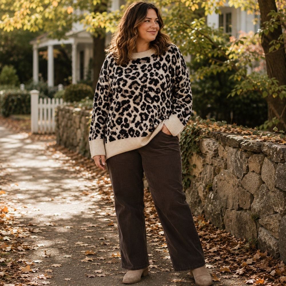 Vince Camuto Sweater Leopard Animal Print Oversized Crewneck Knit Womens Size 1X